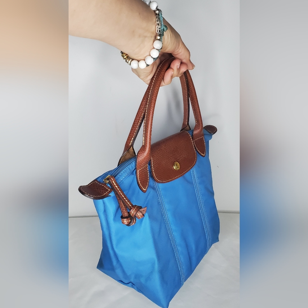 LONGCHAMP Stylish "Le Pliage"Small Expandable Top Handle Blue and Green Tote Bag - Picture 6 of 16